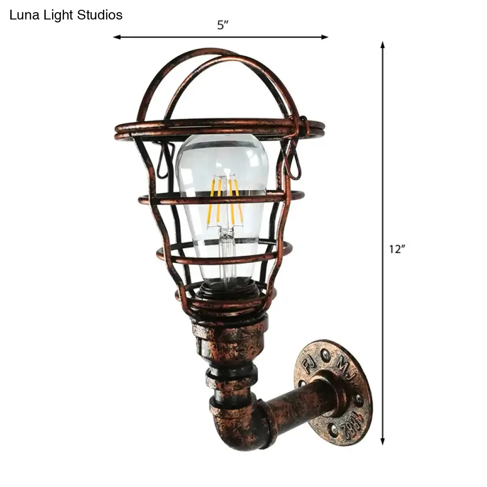 Wire Cage Sconce with Industrial Pipe & Rust Finish