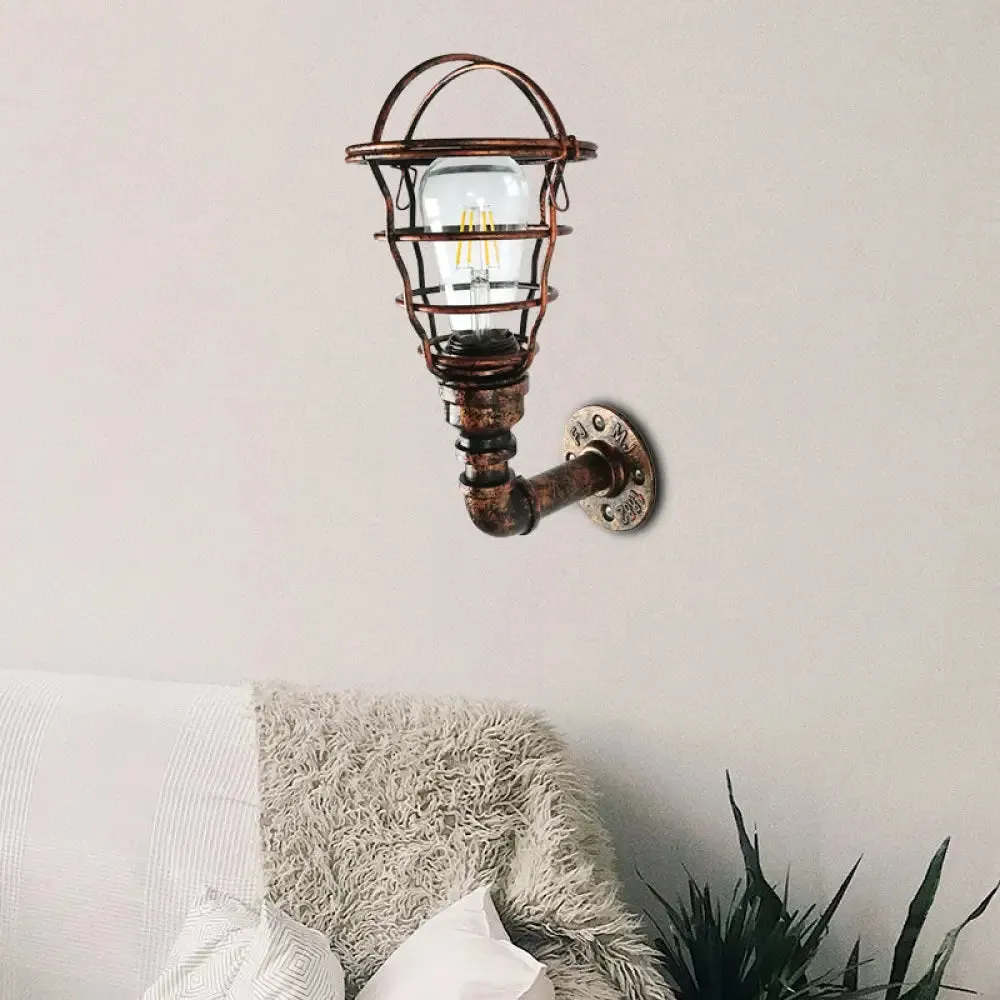 Wire Cage Sconce with Industrial Pipe & Rust Finish